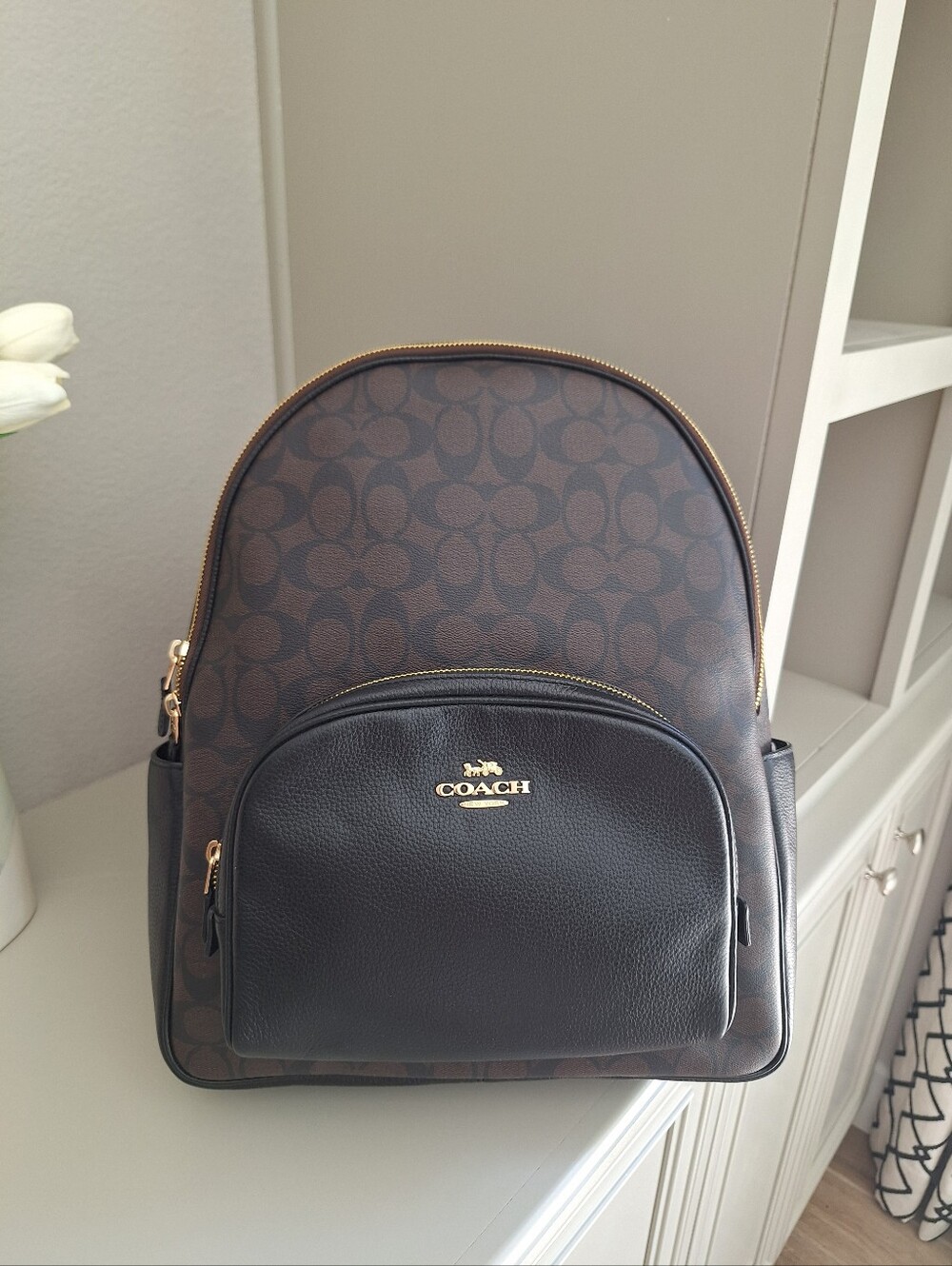New! Coach Large Court Backpack in Signature Canvas Leather Gold Brown Black